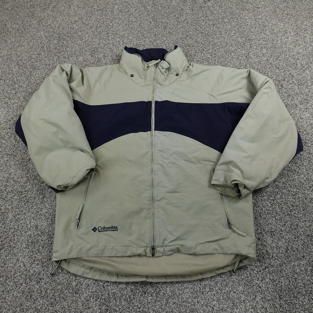 Columbia Jacket Mens M Beige Tan Blue Outdoor Hooded Zip Windbreaker Coat Y2K